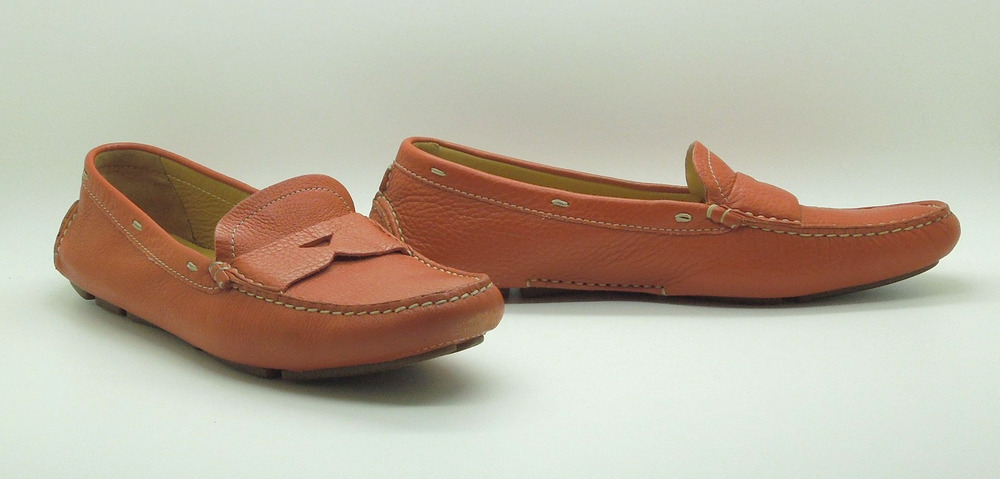 E0 Flawless PRADA Orange Pebbled Leather Moccasin Driving Loafers Size 37.5